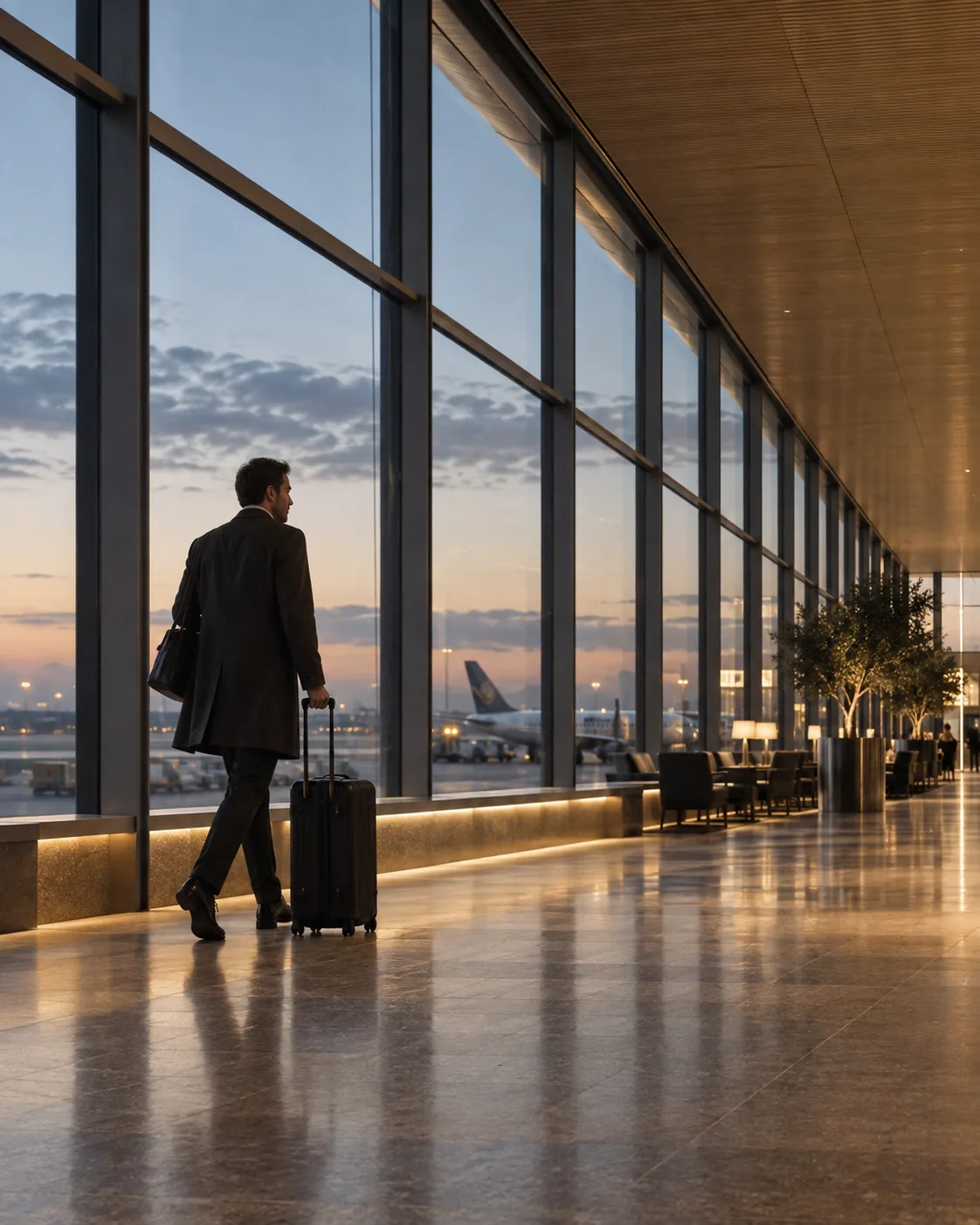 Profissional caminhando com uma mala em um terminal de aeroporto ao amanhecer